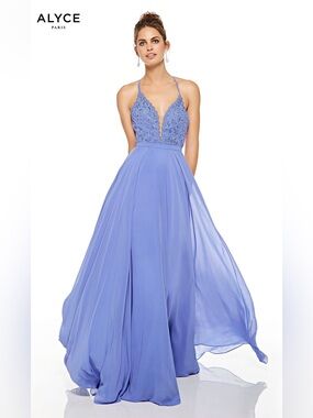 Alyce Paris Blue Iris Lace Bodice Chiffon Halter Gown Size 6